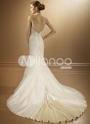 Slim Ivory Mermaid Trumpet Halter VNeck Sweep Satin Lace Wedding Gown