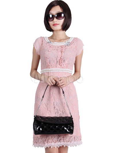 Sweet Pink Short Sleeve Round Collar Women's Lace Dress