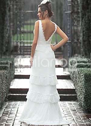 White Chiffon Lace VNeck Wedding Dress
