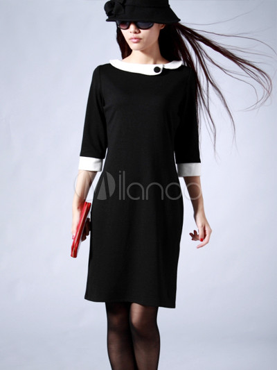 Womendresses on Elegant Black Round Collar Cashmere Women   S Dress   Milanoo Com