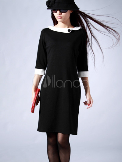 Woman Dresses on Elegant Black Round Collar Cashmere Women   S Dress   Milanoo Com