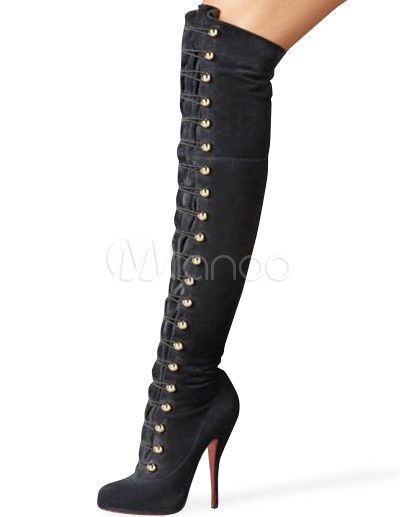 Wide Width High Heel Shoes on High Heel Platform Black Sheepskin Suede Knee High Fashion Boots