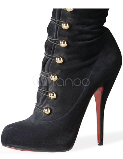 High Fashion Boots on High Heel Platform Black Sheepskin Suede Knee High Fashion Boots