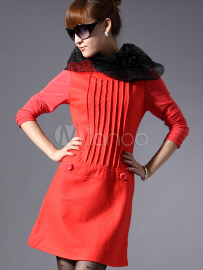 Womendresses on Attractive Red Wollen Ruffled Women S Dress   Milanoo Com