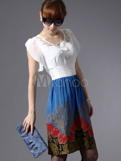 Fashion Women Silk Waistband Dress on Fabulous White And Blue Floral 100 Silk Women S Dress Milanoo Com