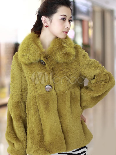 Fashion on Moda Amarilla Manga Larga Fox De Piel De Conejo De Pelo Para Mujer Del
