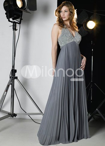 Silver A-line Halter Floor Length Chiffon Satin Evening Dress