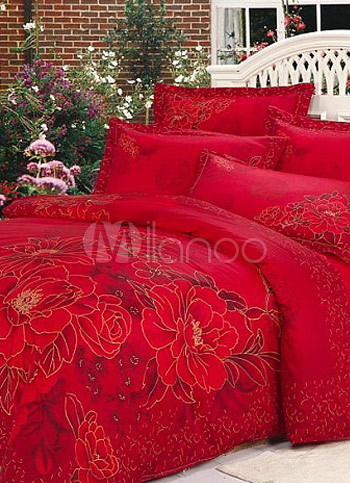 4-pc Beautiful Red Cotton Floral Reactive Print Duvet Cover Bedding Set