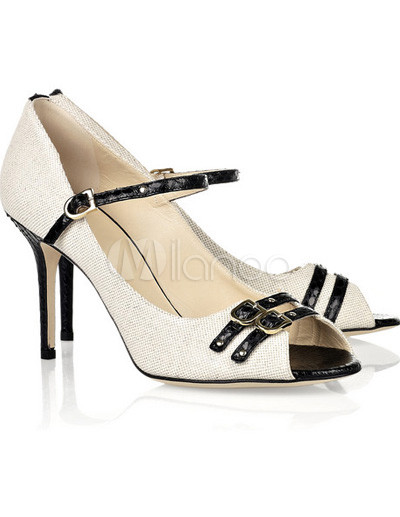 Green Peep Shoes on Beige 4 High Heel Peep Toe Buckle Stiletto Linen Fashion Shoes