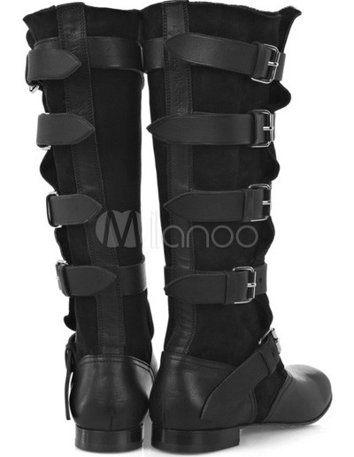 Women Boot Shoes on Cool Black Cow Leather Women   S Fashion Boots   Milanoo Com