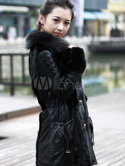 Fashion Singapore on Elegant Black Fox Fur Collar Mink Fur Sheepskin Ladies Long Fur Coat