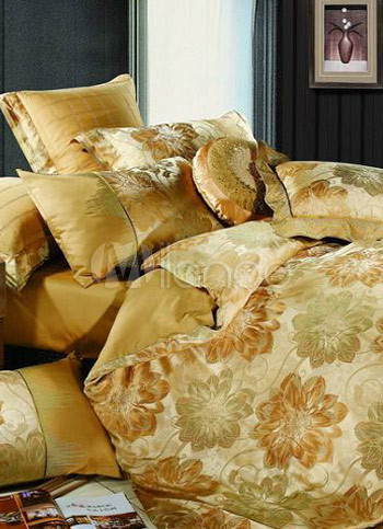 4-pc Gorgeous Deep Yellow Floral Artifical Silk Bedroom Duvet Cover Bed Linen Set