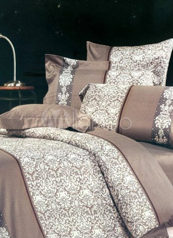 4-pc Gray And Brown Floral Satin Drill Cotton Bedroom Duvet Cover Bed Linen Set