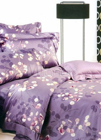 4-pc Purple Floral Satin Drill Cotton Bedroom Duvet Cover Bed Linen Set