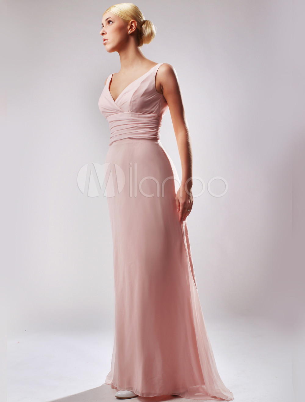 2011 Fashion Pink Floor Length V-Neck Spaghetti Satin And Chiffon Evening Gown