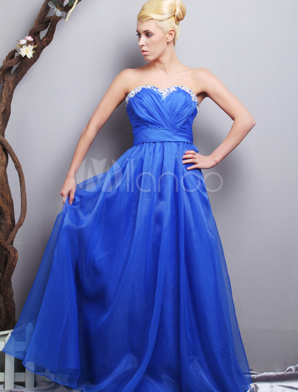 2011 Strapless Sweetheart A-line Floor Length Satin Organza Royal Blue Evening Dress