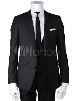 Black Stripe Single Breasted Button 72 Wool 28 Polyester Groom Wedding 