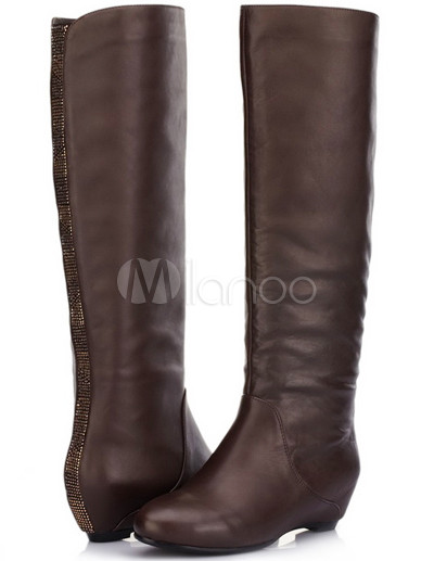 Boots Fashion  on Brown 1 1 5   Heel Flat Cowhide Fashion Knee High Boots   Milanoo Com