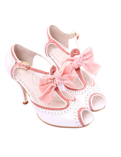 Cute High Heel Shoes on Cute Pink And White 3 1 10 High Heel Peep Toe T Strap Bow Sheepskin