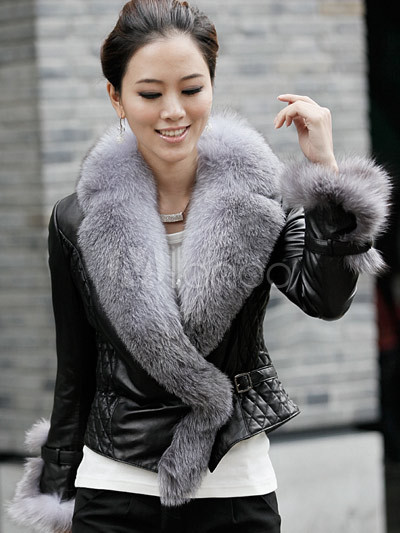 Maternity Coat on Black V Neck Sheepskin Fox Fur Collar Ladies Fur Coat   Milanoo Com
