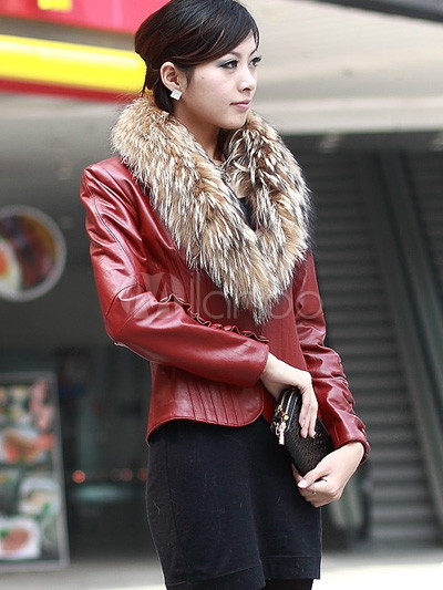 Gorgeous Red Korea Japan Sheepskin Racoon Hair Ladies Fur Jacket