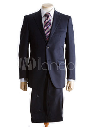 Luxurious Navy Blue Single Breasted DoubleButton Lapel Wool Groom Wedding 