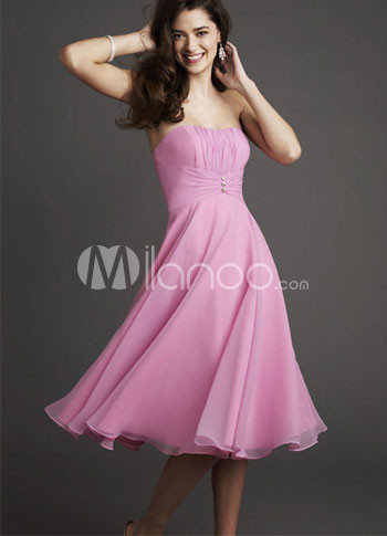 Pink Lovely A-line Strapless Chiffon Satin Prom Gown/Homecoming Dress