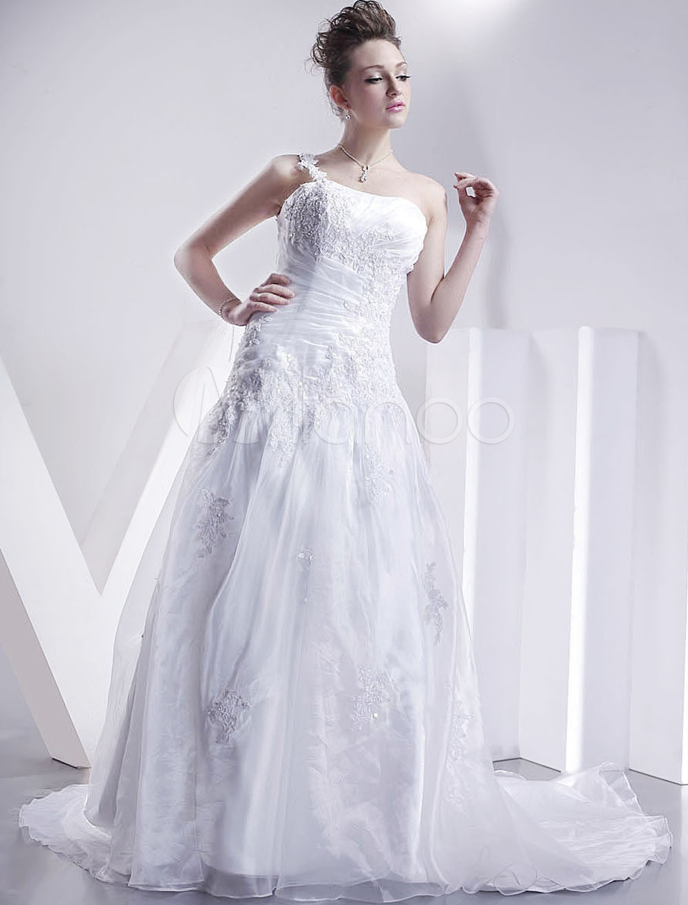 White A-line One-Shoulder Sweep Satin Organza Wedding Gown