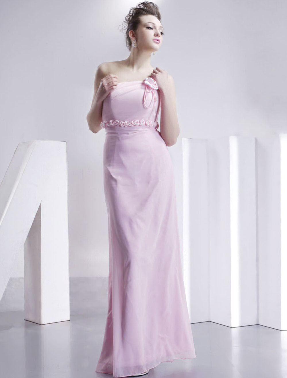 Pink One-Shoulder Flower Satin Bridesmaid Dress