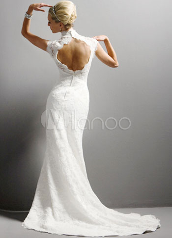 Lace Slim White Halter Sheath Satin Wedding Gown