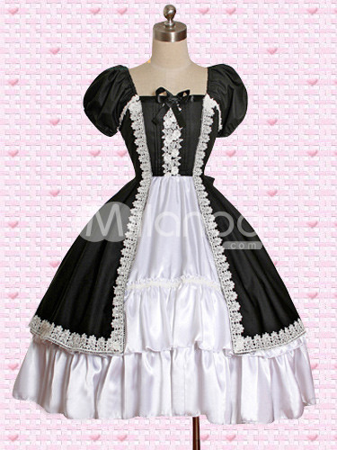 Classic Cotton Black And White Short Sleeves Gothic Lolita Dress