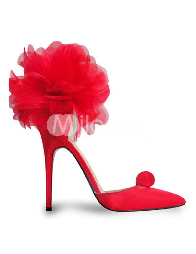 4 7/10'' High Heel Red Flower Romantic Satin Fashion Prom Pumps