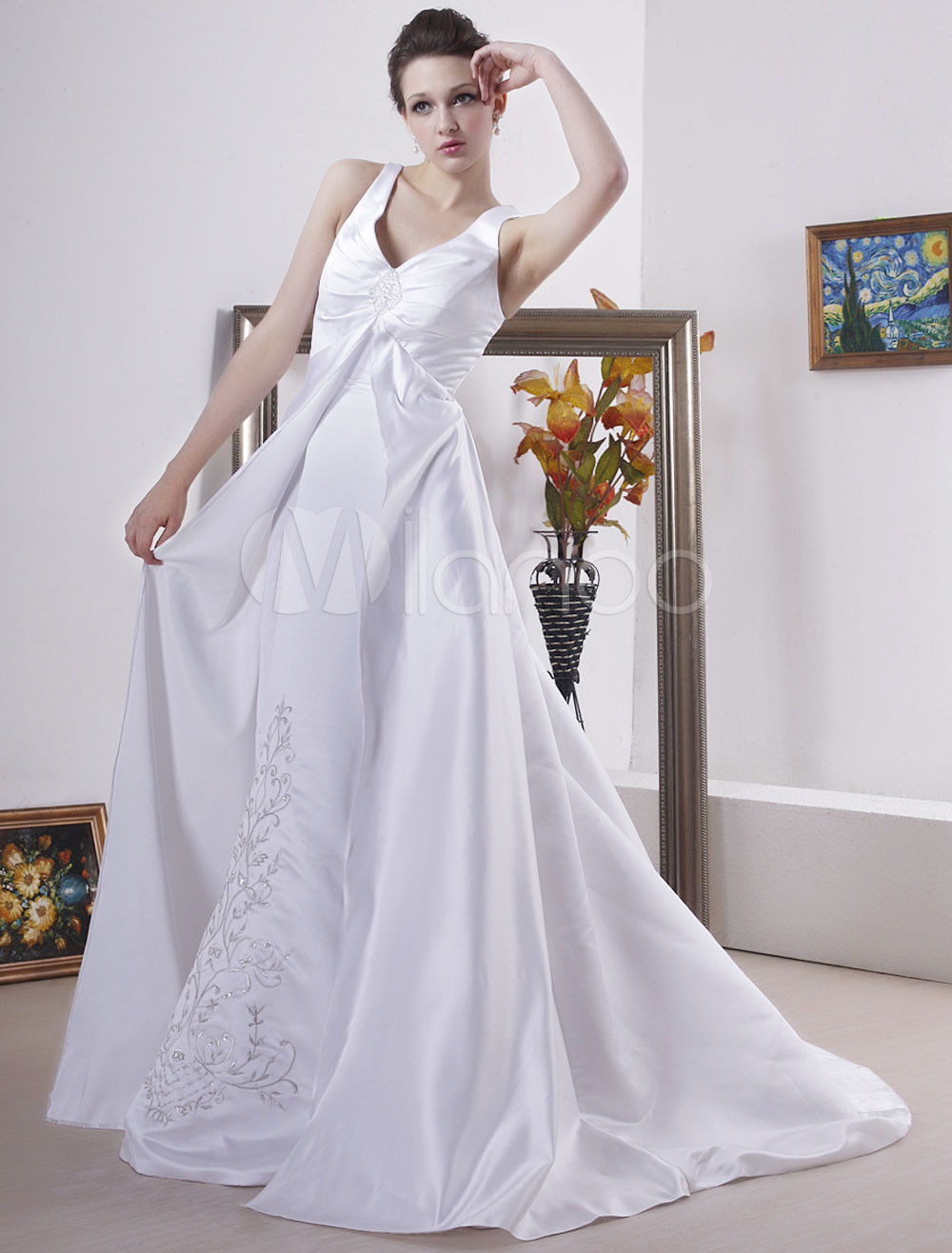 Fabulous White A-line Satin Bridal Wedding Dress<br />