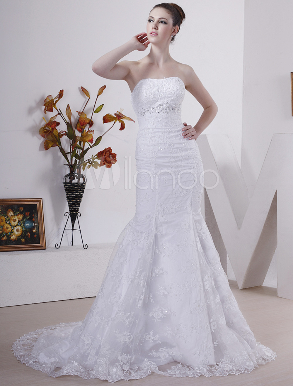 Beautiful White Lace Satin Wedding Dress