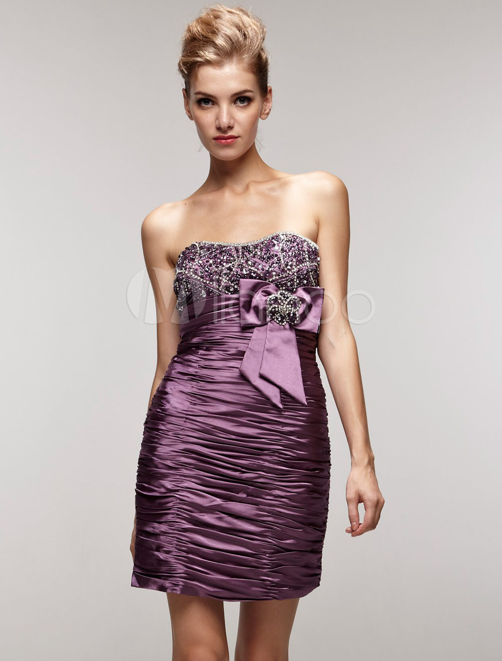 Attractive Purple Satin Gauze Strapless Bow Cocktail Dress