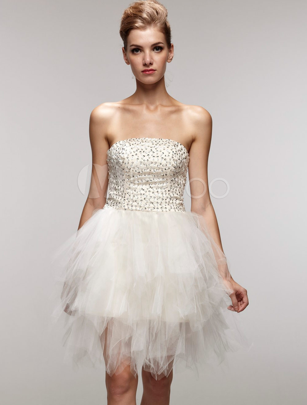 Magnificent White Gauze Strapless Beaded Mini Wedding Dress