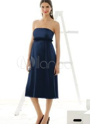 Dark Blue A-line Strapless Elastic Woven Satin Tea Length Womens Maternity Bridesmaid Dress