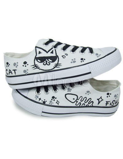 Fashion Girl Hand-painted Cat White Rubber Sole Canvas Shoes For Women