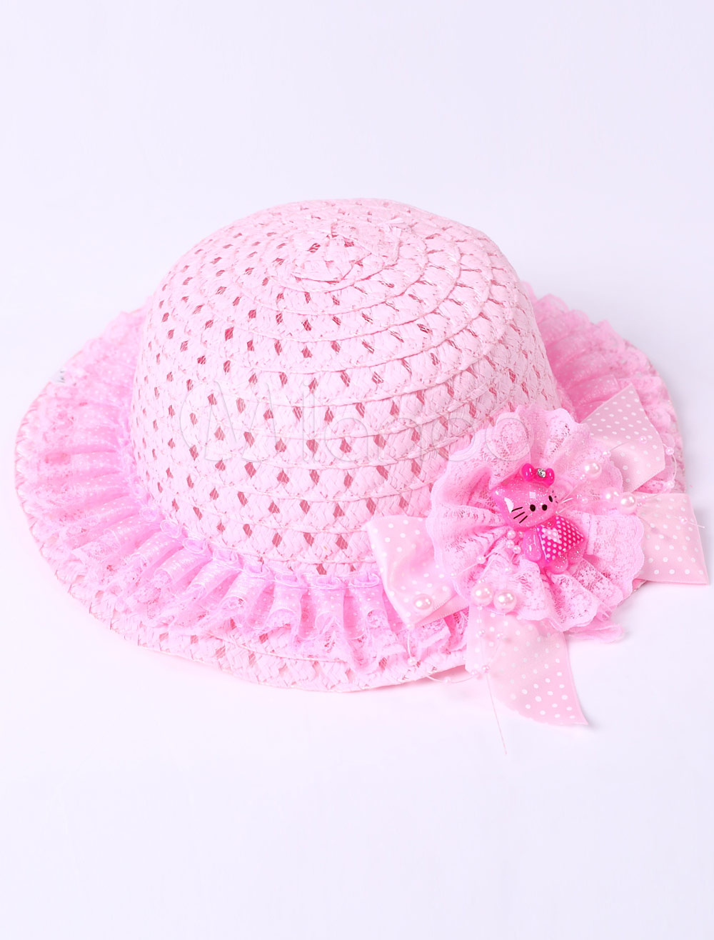 Sweet Pink Lace Trim Weaved Hat Girls Barbie Costumes