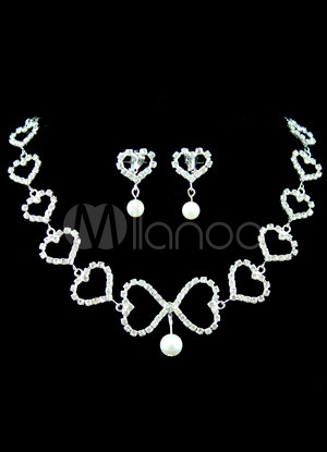 Romantic Heart-shaped Rhinestone Imitated Pearls Earrings And Necklace