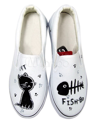 Unique White Cat And Fish Canvas TPR Sole Womens Painted Shoes