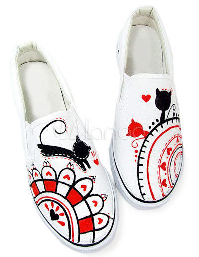 Popular White Cat Scrawl Canvas TPR Sole Womens Painted Shoes