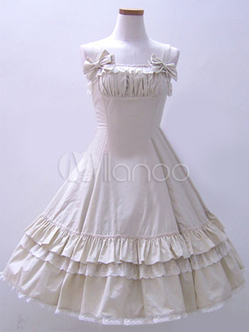Sweet coton Ivoire Bow détaillée plissé Womens Lolita robe