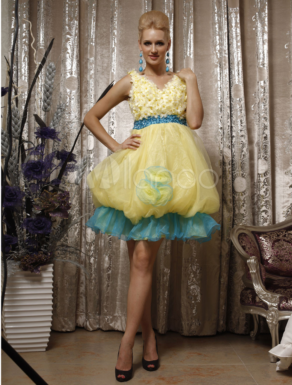Sweet Yellow Ball Gown Silk Like Satin V-neck Royal Dress