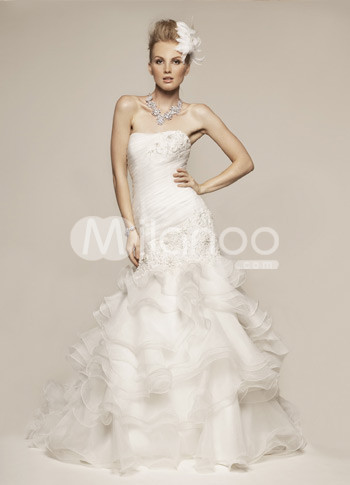 Amazing White Satin Mermaid Strapless Celebrity Wedding Dresses