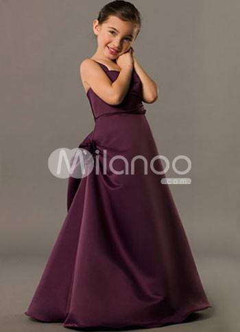 Grape A-line Jewel Satin Floor Length Flower Girl Dress