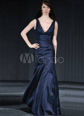 Dark Blue V-neck Satin Floor Length Womens Bridesmaid Dress