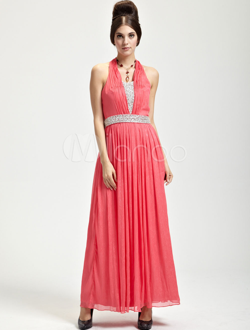 Beautiful Fuchsia Chiffon Halter Floor Length Womens Evening Dress