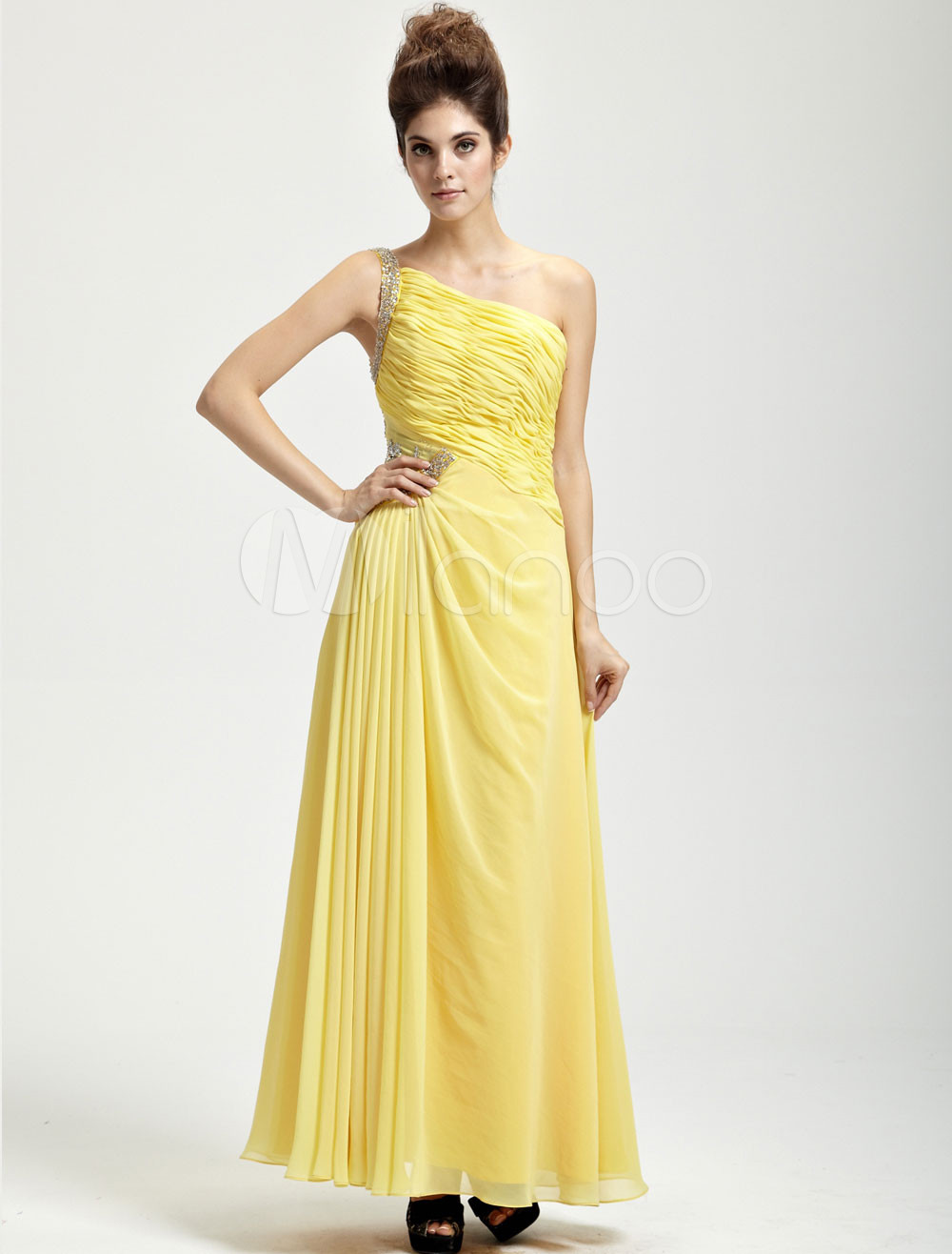 Attractive Yellow Chiffon Floor Length One Shoulder Womens Evening Dress