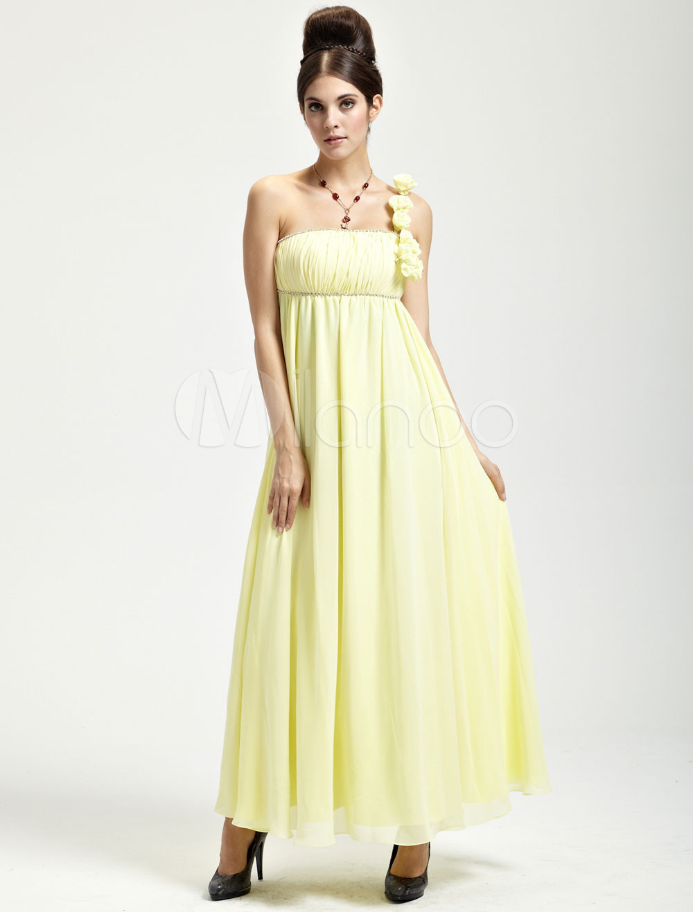 Gorgeous Yellow Imitated Silk Floor Length One Shoulder Womens Evening Dress